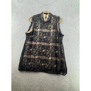 M.S.S.P Sleeveless Black Lace Blouse With Floral Pattern & Sheer Stripes Size XL